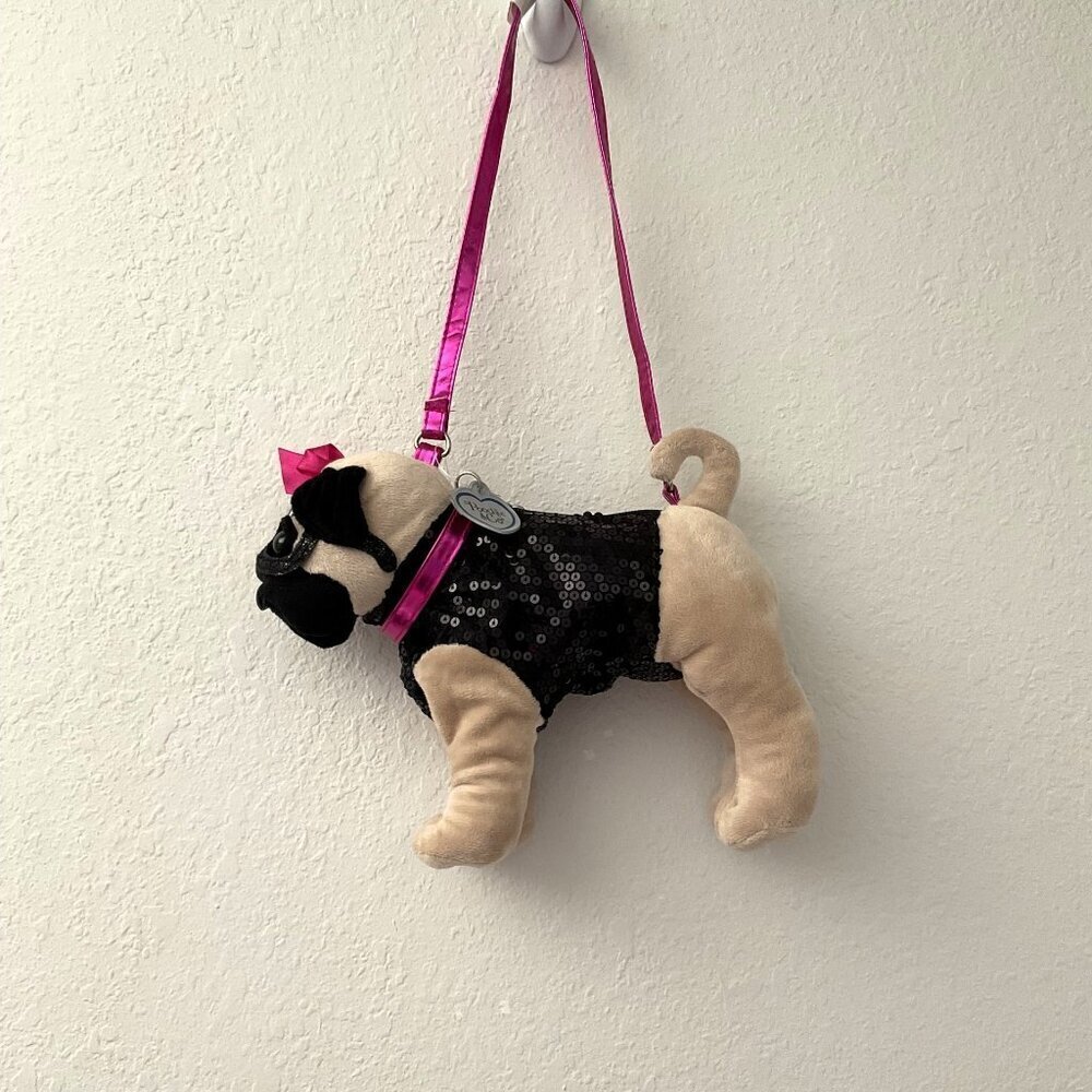 Poochie & Co Plush Pug Bling Y2K Purse Sequin Jacket Pink Strap NWT (Read)